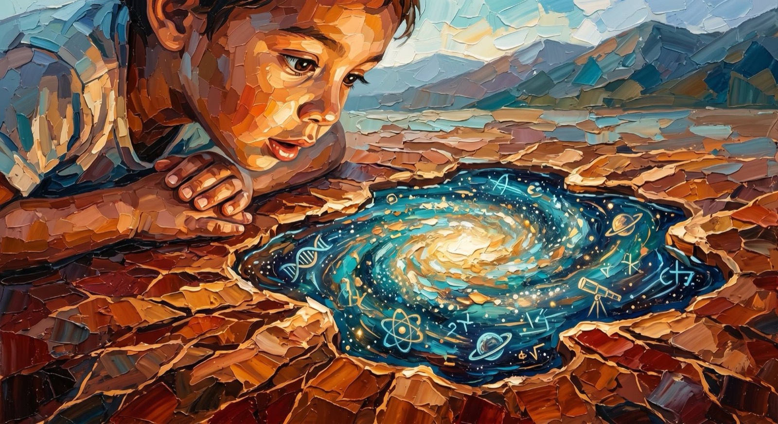 Pintura de un niño que se asoma con asombro a un charco en la tierra agrietada donde se ve una galaxia con símbolos de la ciencia, un átomo, una cadena de ADN, un telescopio y planetas