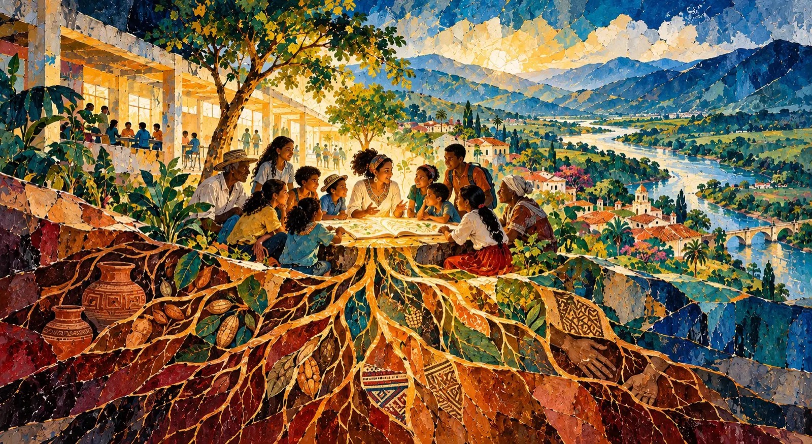Pintura de una maestra, niños, jóvenes y mayores que leen juntos un libro en una colina, con raíces que bajan hacia la tierra entre vasijas, semillas y tejidos, frente a una escuela, un pueblo y un río entre montañas