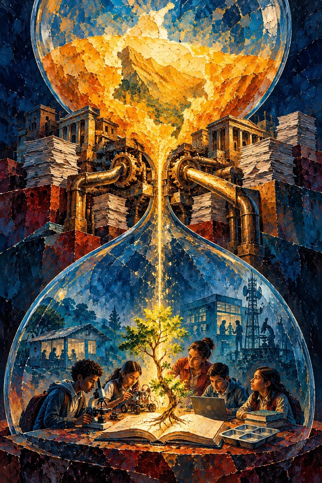 Pintura al óleo de un gran reloj de arena: en la parte alta, una montaña dorada que se escurre entre engranajes, tuberías, edificios institucionales y pilas de papeles; en la parte baja, un hilo de luz cae sobre un libro abierto del que nace un árbol, rodeado por estudiantes con un microscopio, un robot y un portátil, una docente, una escuela rural y una torre de comunicaciones