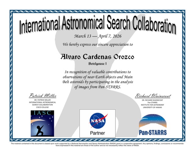 Certificado: Búsqueda de asteroides con Pan-STARRS