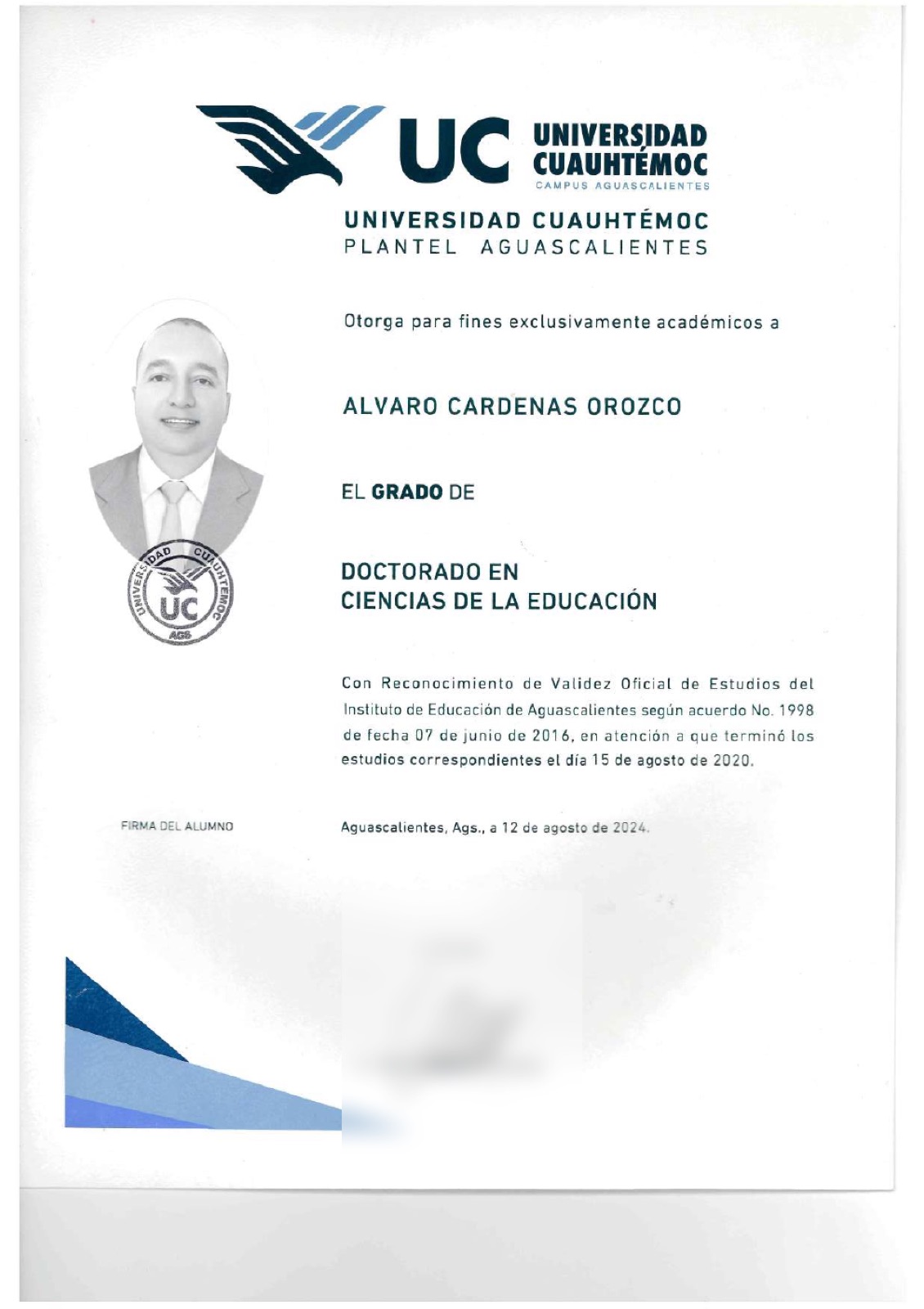 Certificado: Doctorado en Ciencias de la Educación
