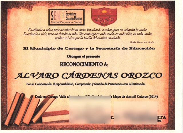 Certificado: Reconocimiento por colaboración y compromiso