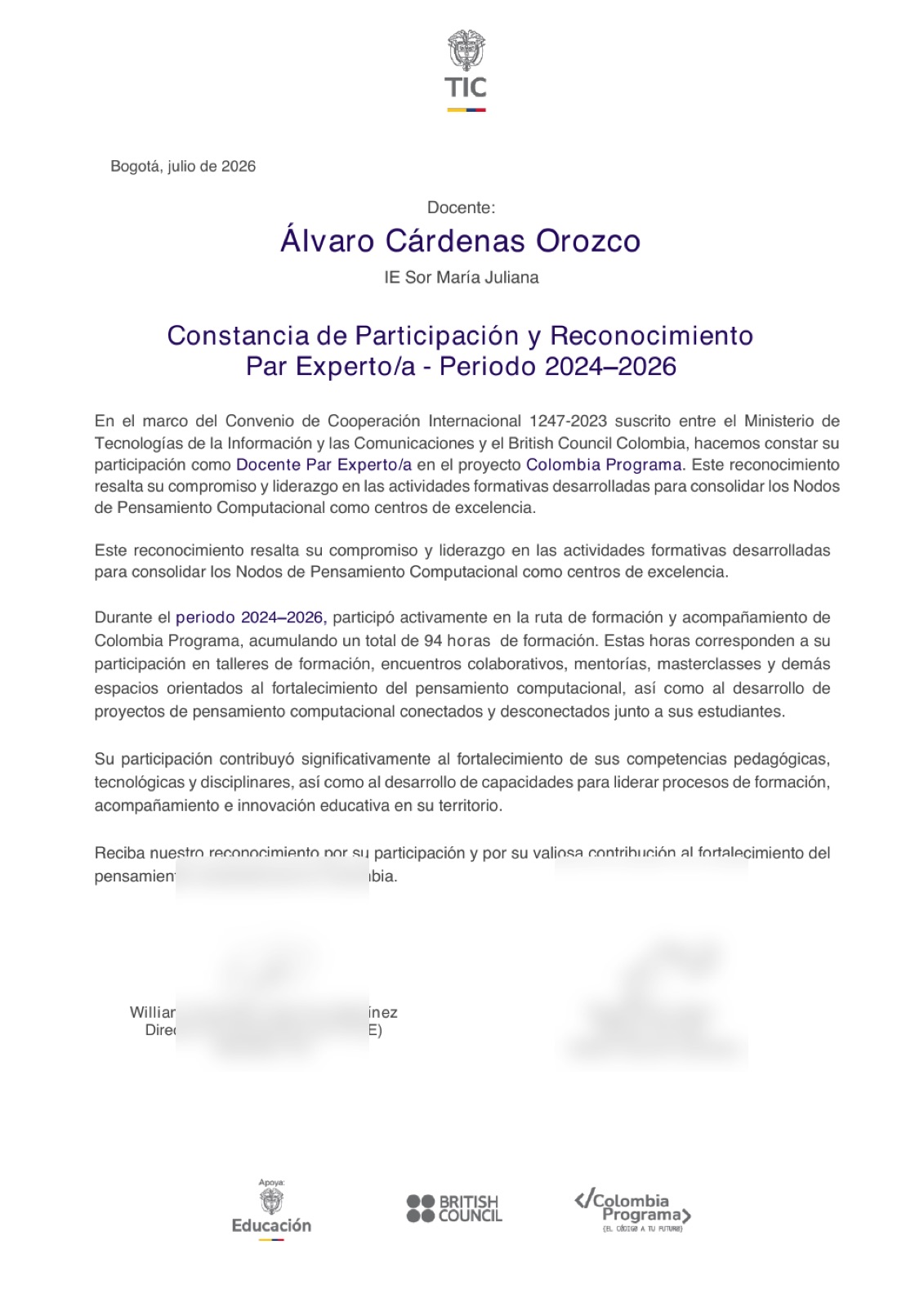 Certificado: Par Experto en Pensamiento Computacional