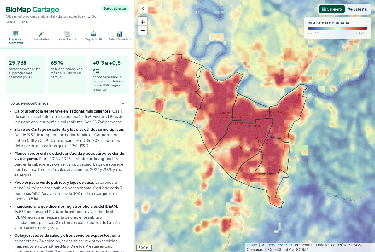 Captura de BioMap Cartago con el mapa de calor urbano