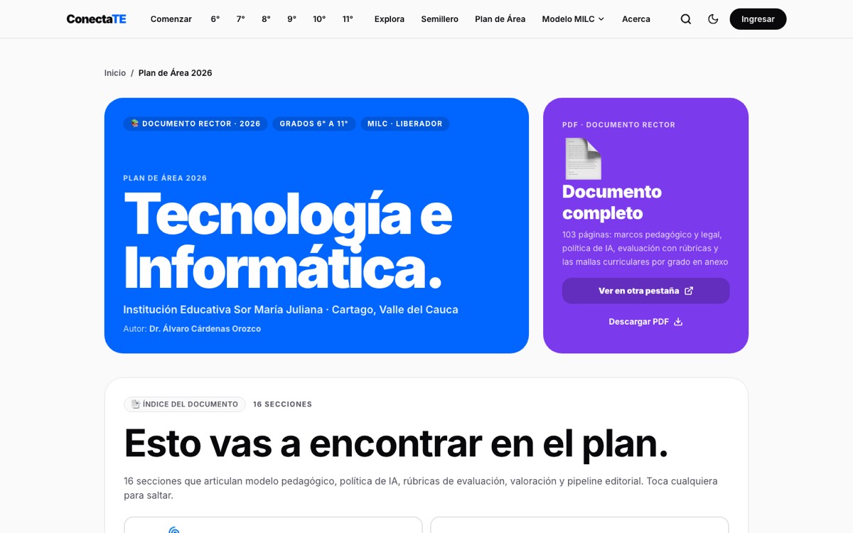 Captura del Plan de Área 2026 de Tecnología e Informática